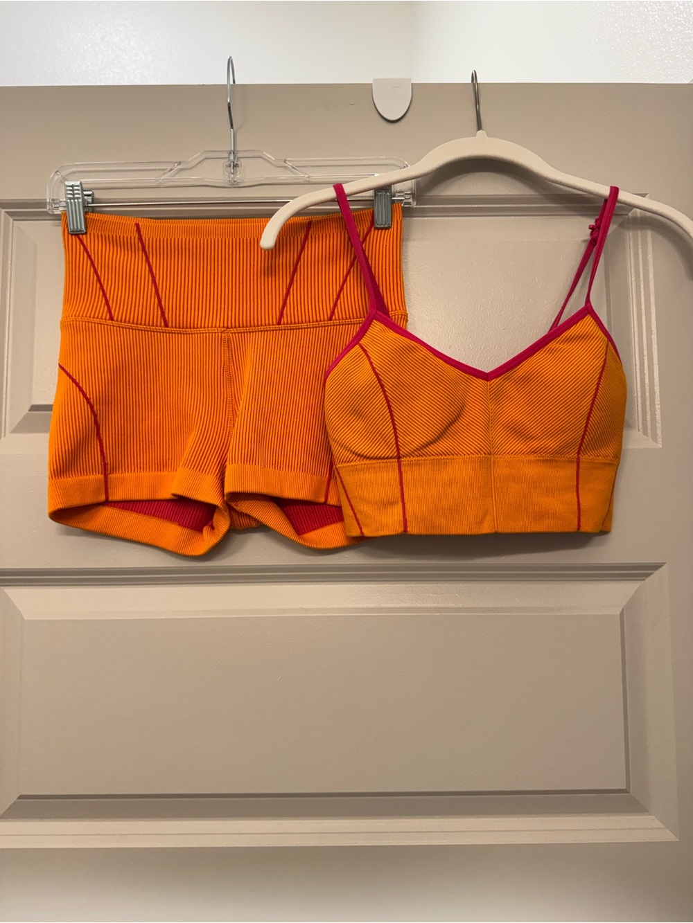 Orange Ribbed Sports Bra & High-Waist Shorts Set - Pink Trim